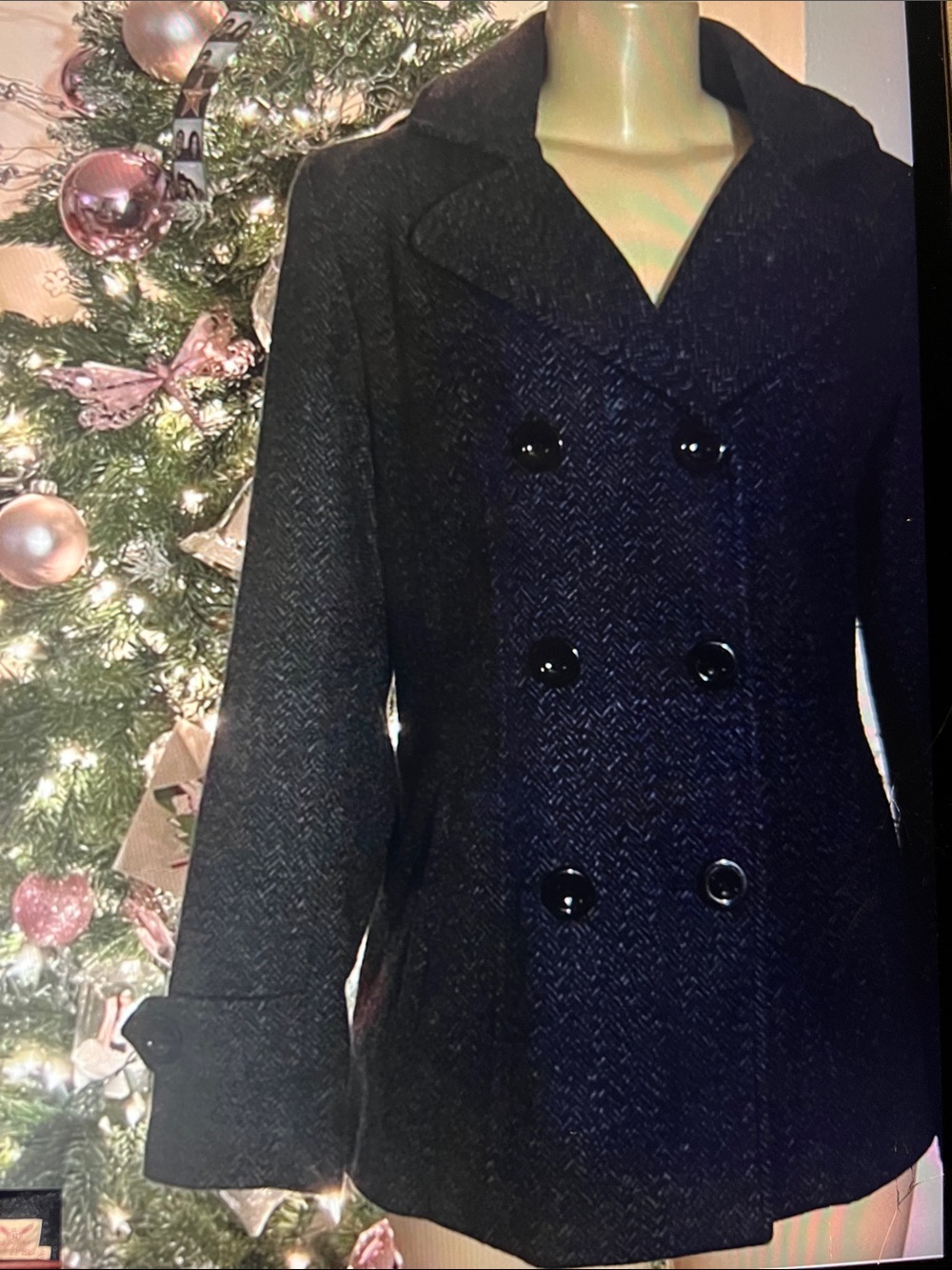 Womens Double-Breasted Black Wool Blend Peacoat